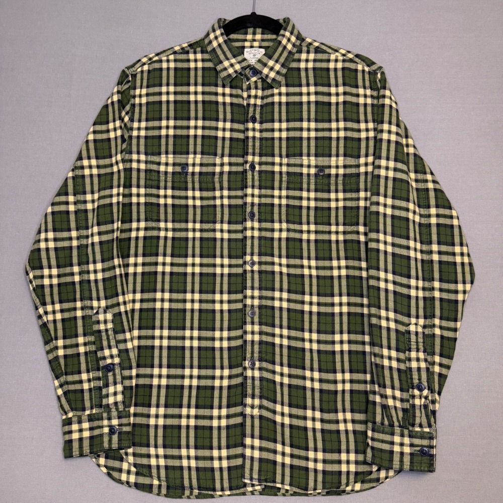 J.Crew Mens Green Plaid Flannel Button Down Shirt Medium  Cotton L/S Pocket
